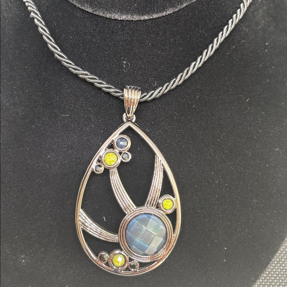 Lia Sophia Stormy Sky Green Teardrop Gun Metal Pendant Black Cord Necklace